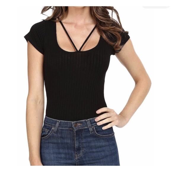 LNA Black Ribbed Strap T-Shirt Bodysuit Women’s Sz Small Rayon Blend Casual - Picture 1 of 7